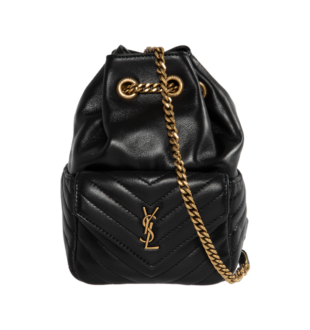BLACK - SAINT LAURENT Joe Quilted Crossbody featuring chevron quilting, signature YSL logo plaque, drawstring fastening, front flap pocket, chain-link shoulder strap, main compartment and internal logo patch. 4.33 x 6.69 x 4.72 inches. Strap: 20.47 inches. 100% calf leather.