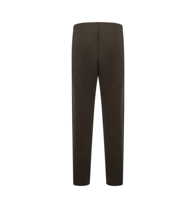 Image 2 of 3 - BROWN - Issey Miyake Mens Straight Pants are crafted from lightweight polyester. Feature a straight-leg silhouette, elasticized drawstring waistband, button fly, side pockets, quick-drying fabric, and light-reactive finish that creates a dimensional appearance. Main Material: 100% Polyester. Made in Japan. 