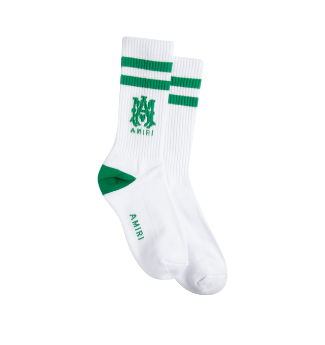 MULTI - AMIRI MA STRIPE SOCK featuringe stripes at the cuffs, Amiri logo at calf and are complete with contrast heels. 78% cotton, 20% polyester, 2% elastane.