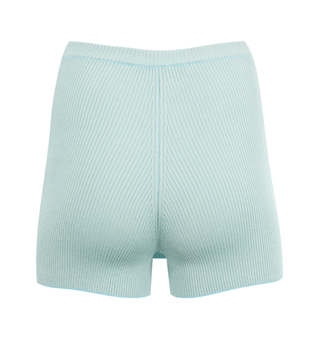 Image 2 of 2 - BLUE - JACQUEMUS Marino Culottes Shorts featuring high-waist, braided motif stretch viscose, contrast ribbed waist, details and hem, apron front panel, trompe loeil pocket, embroidered logo and visible shorts in the back. 93% viscose, 4% polyester, 3% elastane. Made in Bulgaria. 