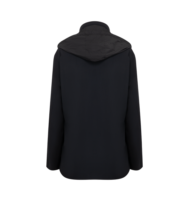 Image 3 of 5 - NAVY - THE ROW Tanera Jacket in smooth virgin wool gabardine with concealable hood at collar, adjustable interior drawstring waistband and concealed front placket with zipper and button closures. 100% wool. Lined in 100% silk. Made in Italy. 