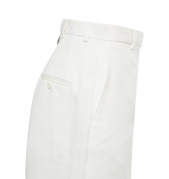 Image 3 of 3 - WHITE - THOM BROWNE tailored trouser with a shortened hem, tab front closure, slip side pockets, button-fastening back welt pockets, and signature striped grosgrain loop tab. 100% Cotton. 