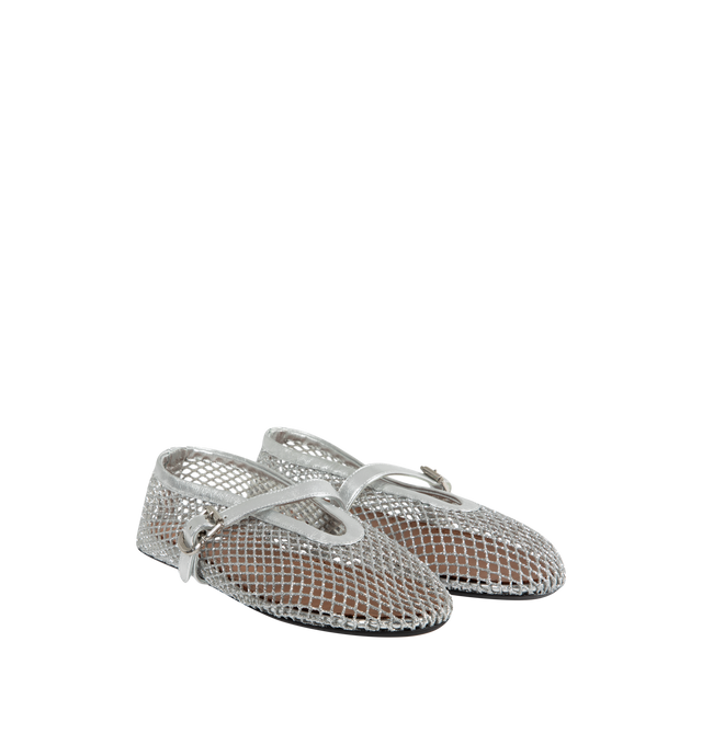 Image 2 of 4 - SILVER - ALAIA Mesh Ballet Flats featuring eyelet mesh trimmed with patent leather into a Mary Jane silhouette defined by its single strap buckle fastening. Mesh, patent leather. Made in Italy. 