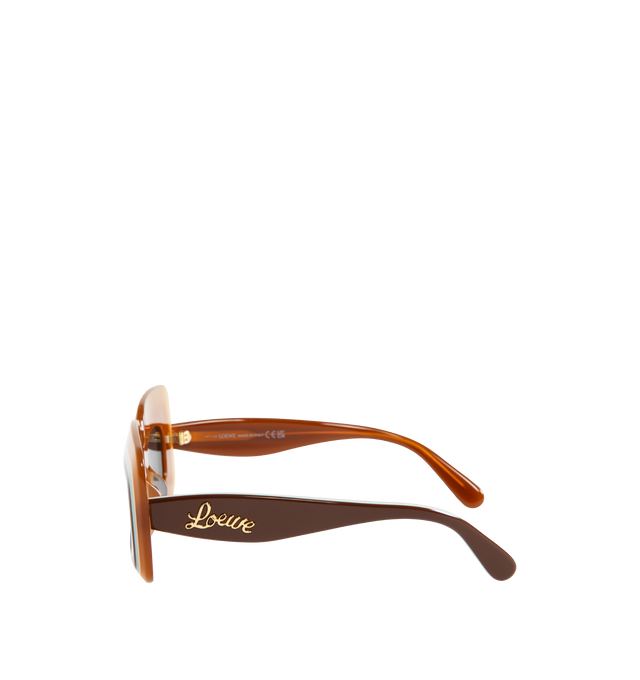 Image 2 of 3 - BROWN - LOEWE PAULA'S IBIZA Layered Sunglasses featuring acetate rectangle frames layered with contrasting stripes and are stamped with cursive logo lettering along the temples. 100% UV protection. 