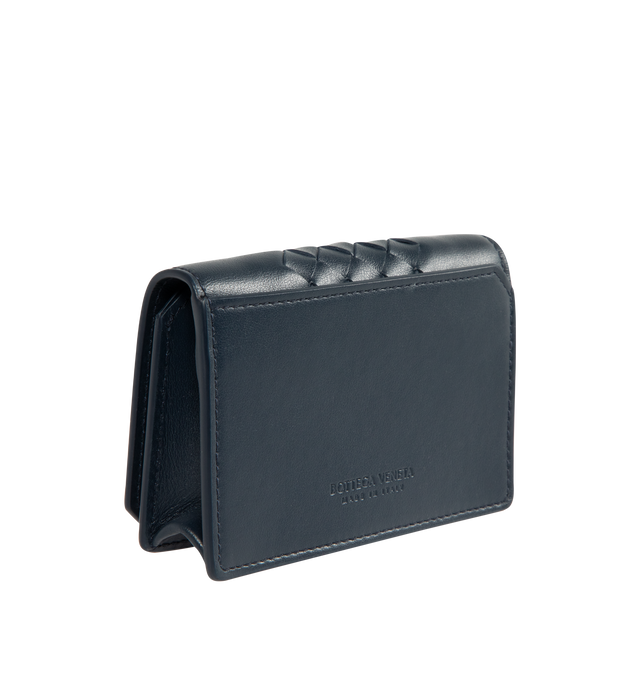 Image 2 of 3 - NAVY - BOTTEGA VENETA Intrecciato Piccolo Business Card Case featuring intrecciato piccolo calfskin leather card case with smooth sides, one compartment, one card slot and one back pocket. 3.0" x 4.3" x 1.0". Calfskin. Made in Italy. 
