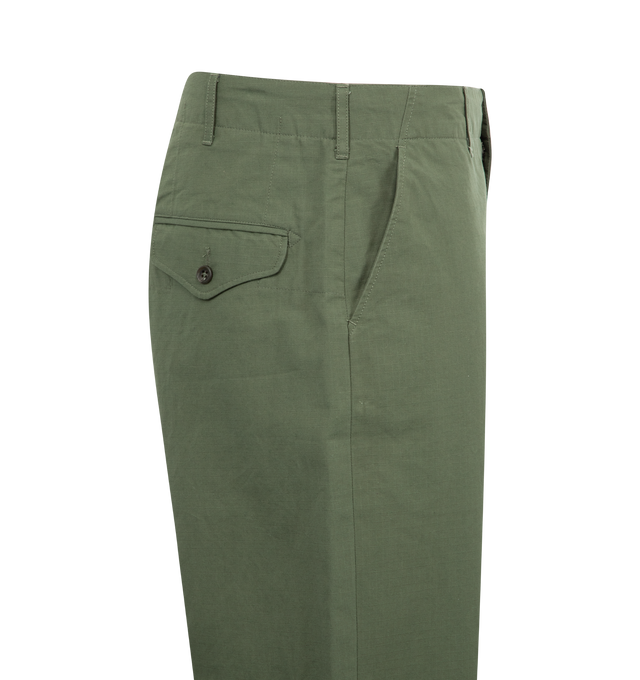 Image 3 of 3 - GREEN - Engineered Garments Ripstop Gurkha Pants are a high-waisted style with a loose silhouette, side pockets, a flap pocket on the leg, drawcords at the ankles, and 2 back flap pockets. 100% cotton. Made in USA.  