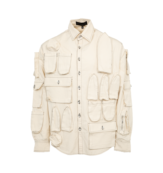 WHITE - WHO DECIDES WAR Tech Coat featuring cotton ripstop, zip, patch, and flap pockets throughout, spread collar, button closure, curved hem, single-button barrel cuffs, logo-engraved silver-tone hardware and contrast stitching in black. 100% cotton. Made in China.