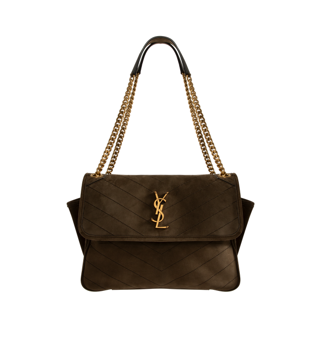 Image 1 of 3 - BROWN - Saint Laurent Womens Shoulder Bag is crafted from vintage calfskin leather suede. Features signature Cassandre logo, chevron-quilted topstitching, sliding chain strap for shoulder or crossbody wear, magnetic flap closure, three main compartments, one flat pocket, one zip pocket, cotton lining, and silver-tone hardware. Main Material: Calfskin Leather Suede; Lining: Cotton; Hardware: Brass. Dimensions: 28 x 13.5 x 20.5 cm / 11'' x 5.3'' x 8.1'' Made in Italy. 