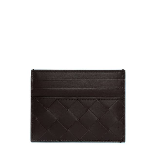 BROWN - BOTTEGA VENETA Intrecciato calfskin leather card case with contrasted edges. Featuring six card slots, one central pocket. 100% Calfskin, Height 3.1" x width 4.1". Made in Italy.