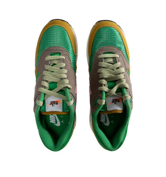 Image 5 of 5 - MULTI - NIKE AIR MAX 1 lace-up sneakers in classic green, ember glow and olive green featuring a padded, low-cut collar, wavy mudguard and pill-shaped Nike Air window and rubber outsole gives you durable traction. 