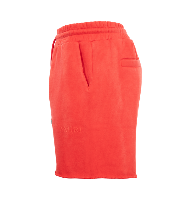 Image 3 of 3 - RED - Amiri Vintage Sweatshorts have an elastic drawstring waist, side pockets, a back pocket, a graphic tiger, and logo text at the hem. 100% cotton.  