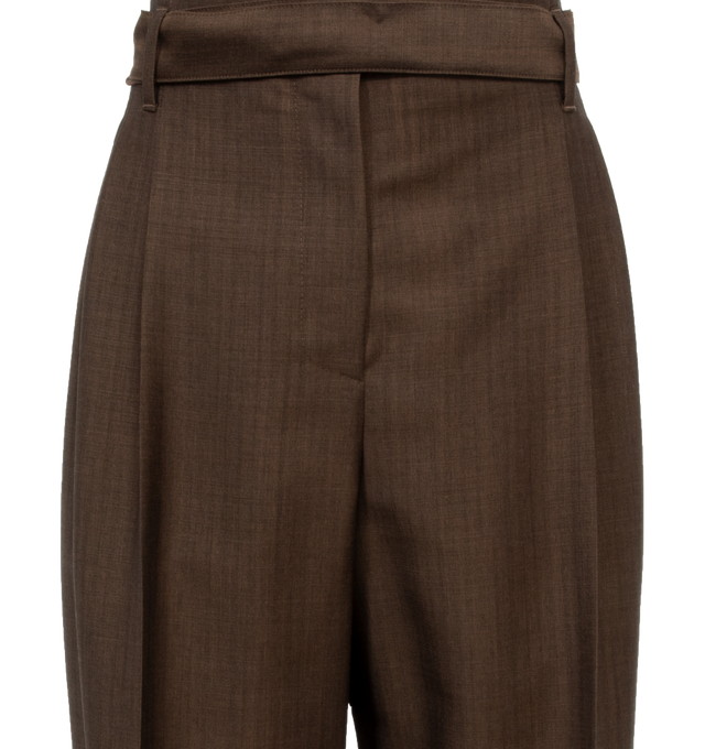 Image 4 of 5 - BROWN - THE ROW Lonan Pant featuring wide-leg pants in tropical wool mohair with minimal waistband construction, removable self belt, pressed front and back crease, and side slash pockets. 60% mohair, 40% wool. Made in Italy. 