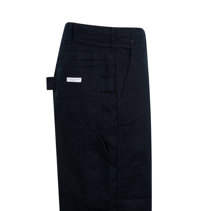 Image 3 of 3 - NAVY - ENGINEERED GARMENTS Painter Trousers featuring belt loops, four-pocket styling, zip fly and button closure, patch pocket at outseam, hammer loop at outseam and loops and logo patch at back pocket. 90% cotton, 10% linen. Made in United States. 