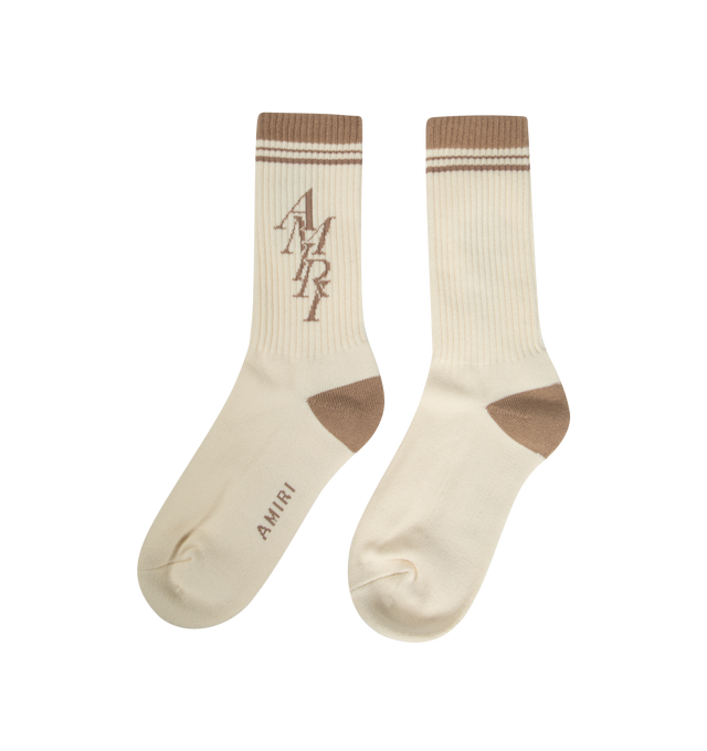Image 2 of 2 - WHITE - AMIRI Stack Logo Socks featuring logo lettering and comfortable stretch in a blend of cotton. 78% cotton, 20% polyester, 2% elastane. 