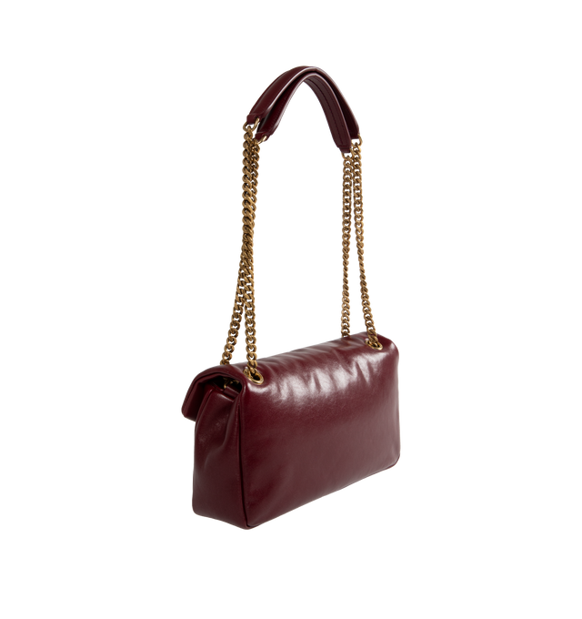 Image 2 of 4 - RED - Saint Laurent YSL Small Calypso Shoulder Bag has a snap button closure, bronze-tone hardware, an interior zipper pocket, and a sliding chain strap. 10.2 X 5.5 X 2.8 inches. Lined. 100% calfkin. Made in Italy.  