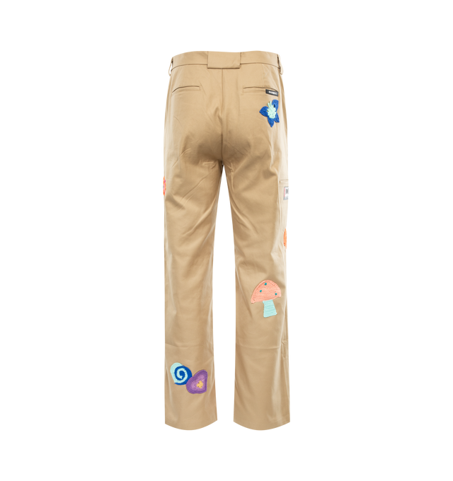 Image 2 of 3 - NEUTRAL - NAHMIAS Knit Patchwork Worker Pant featuring straight leg, two pockets, hand crochet patches and button closure. 100% cotton.  
