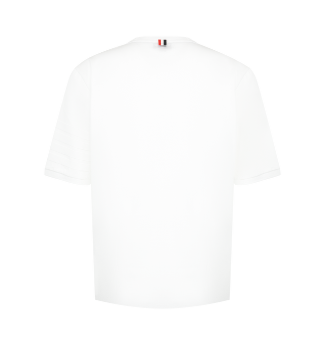 Image 2 of 3 - WHITE - Thom Browne Mens Jersey Ottoman 4-Bar T-Shirt is crafted from cotton jersey and features a rib-knit crew neckline, tonal ottoman-stitch 4-bar detailing at the sleeve, rib-knit cuffs, side vents with signature RWB grosgrain trim, a stepped hem, name tag appliqu, and the signature striped grosgrain loop tab. This designer cotton T-shirt combines a classic crewneck silhouette with iconic Thom Browne detailing for elevated everyday wear. Main Material: 100% Cotton; Combo 1: 87% Cotton, 12 