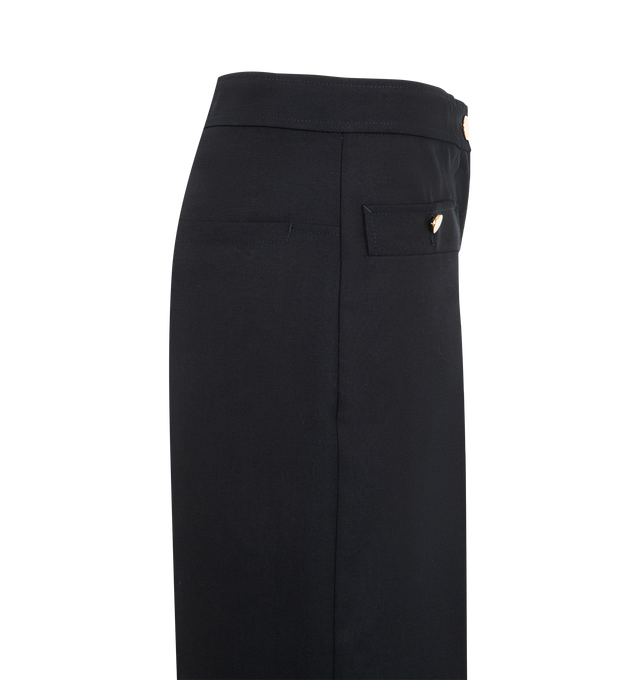 Image 3 of 3 - BLUE - Thom Browne Womens Hopsack Suiting Trousers are crafted from virgin wool hopsack suiting and feature an anchor-detailed button closure with a zip fly, welt hand pockets with anchor-detailed buttons, back welt pockets, creased legs, wide cuffs with internal signature RWB grosgrain trim, tricolor silk lining, and the signature striped grosgrain loop tab. These designer wool trousers combine breathable hopsack tailoring with a timeless straight-leg silhouette for elevated everyday and pro 