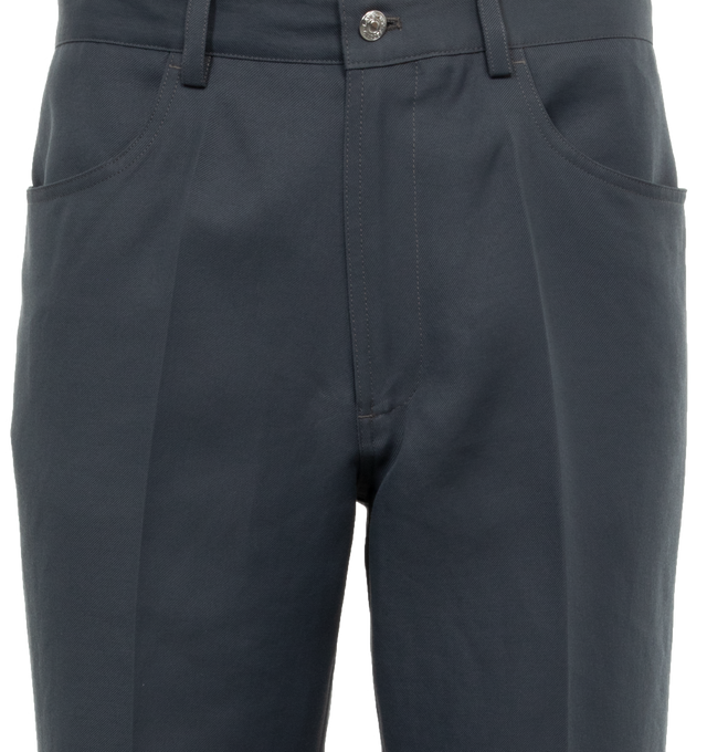 Image 4 of 4 - GREY - SECOND LAYER El Valluco Cuero Pants featuring belt loops, four-pocket styling, zip-fly, creased legs and leather logo patch at back waistband. 68% cotton, 32% polyamide. Lining: 100% cotton. Made in Italy. 