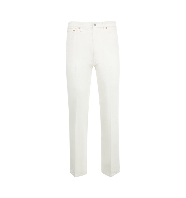 Image 1 of 3 - WHITE - KAPTAIN SUNSHINE Skate Shoecut Denim Pants featuring 13.5oz selvedge denim, regular fit, center creased, zipper fly, 5 pockets and one wash. 100% cotton.  