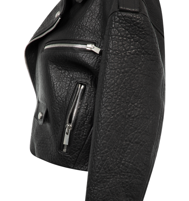 Image 3 of 3 - BLACK - Magda Butrym boxy, cropped bike jacket crafted from soft embossed sheep leather with crisscross strap detailing down the sides.  100% sheep leather shell with 100% viscose lining.  