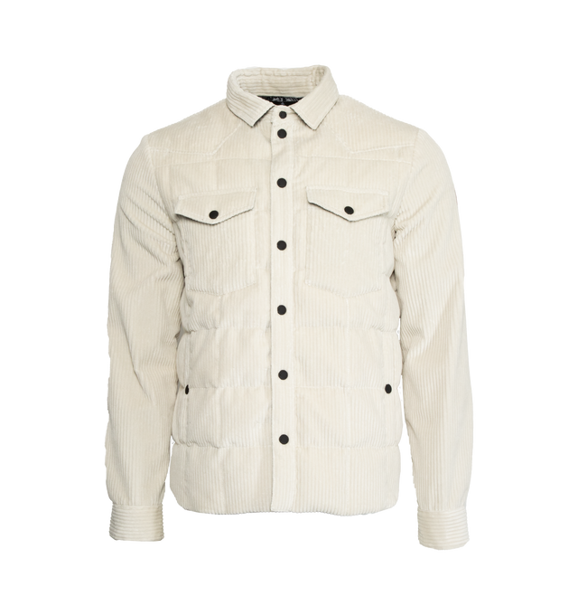 WHITE - MONCLER GRENOBLE Gelt Down Shacket featuring recycled micro ripstop lining, down-filled, snap button closure, pockets with snap button closure and adjustable cuffs. 100% Polyester. Padding: 90% down, 10% feather. Base fabric: 98% cotton, 2% elastane/spandex.