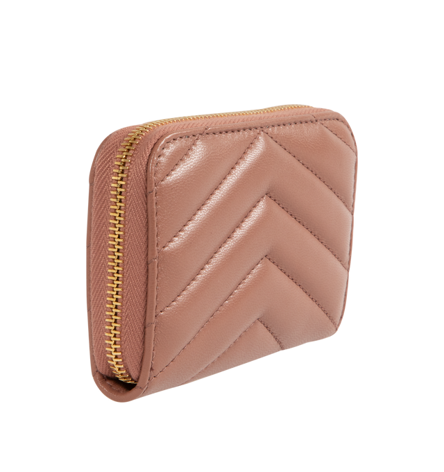 Image 2 of 3 - PINK - Saint Laurent Cassandre matalesse coin card zip-around wallet decorated with chevron stich quilting and the Cassandre. Interior features three gusseted compartments and grosgrain lining. Measures 4.3 X 2.8 X 0.8 inches. Lambskin leather with gold-tone hardware. Made in Italy. 