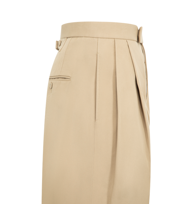 Image 3 of 3 - BROWN - THOM BROWNE Backstrap Double Pleat Trouser featuring high rise, tab front closure, slip side pockets, back welt pockets, front pleats, wide cuffs and adjustable buttoned backstrap. Made in Italy. 