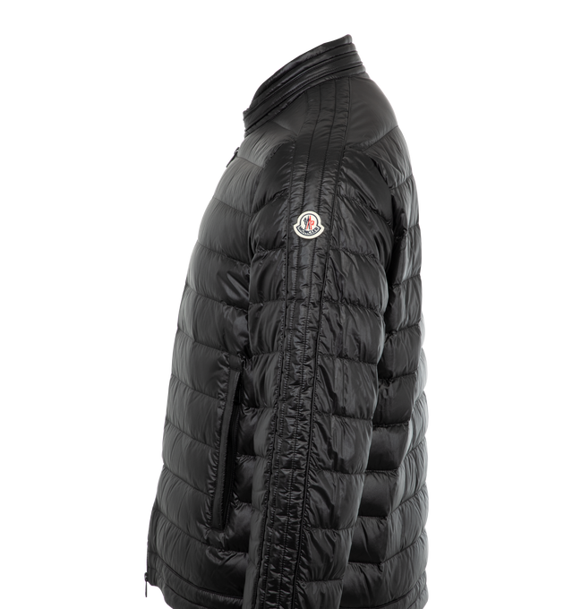 Image 3 of 3 - BLACK - Moncler Jacobus Biker Jacket has a band collar with a press stud band, a zipper closure, zip pockets, press stud cuff tabs, saddle shoulders, and a brand logo patch. Fully lined. 90% down, 10% feather fill. 100% polyamide exterior. Made in Romania.  