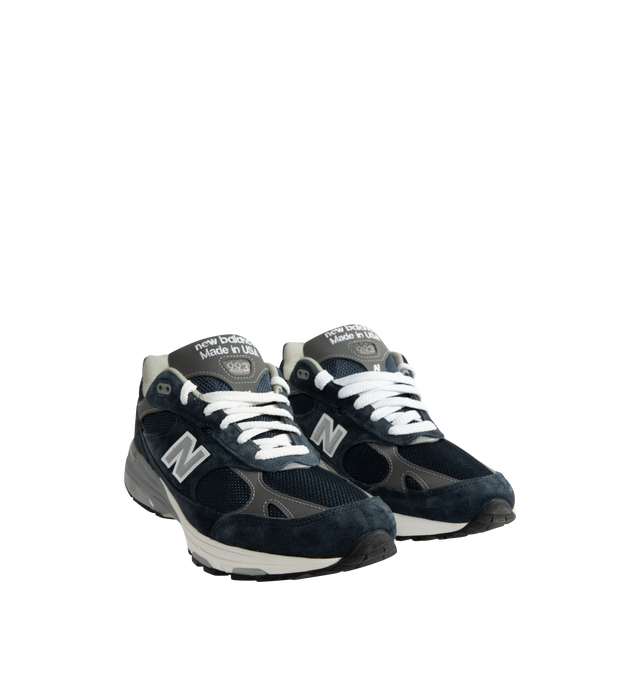 Image 2 of 5 - BLUE - New Balance Men's Made in USA 993 Sneakers feature a mesh upper with premium suede overlays and reflective accents. ABZORB midsole cushioning combines impact absorption with compression resistance, while ACTEVA cushioning provides flexible support. A full-length rubber outsole is finished with Ndurance rubber at the heel for added durability. Upper: Mesh and Pig Suede. Sole: Rubber. Made in USA. 