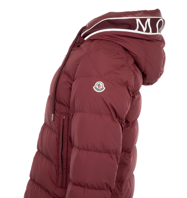 Image 3 of 3 - RED - MONCLER Cardere Short Down Jacket featuring recycled polyester lining, down-filled, adjustable hood with logo lettering and zipper closure, zipper closure, zipped pockets and adjustable cuffs. 100% polyester. Padding: 90% down, 10% feather. 