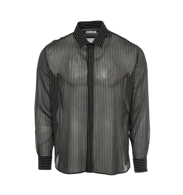BLACK - SAINT LAURENT Pinstripe Silk Shirt featuring pointed collar, concealed button placket, one button mitered cuff and curved hem. 100% silk.