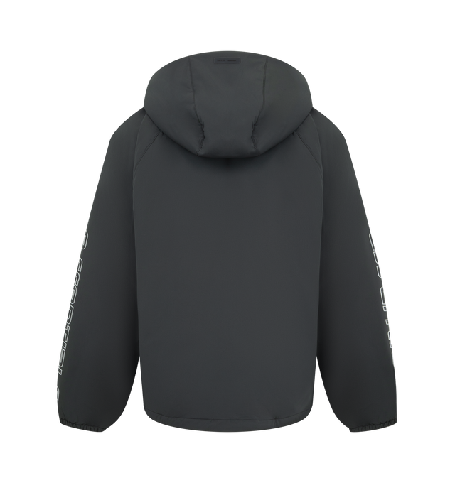 Image 2 of 3 - BLACK - FEAR OF GOD ESSENTIALS Tech Nylon Half Zip Anorak Jacket featuring tech nylon-spandex, metallic 3M-printed Essentials  graphic on the sleeves, relaxed, rounded silhouette, a hood, raglan sleeves, half-zip front, elasticized cuffs and bungee toggles at the waist hem for adjustable styling and a Fear of God Essentials rubberized label stitched at the center front. 84% nylon, 16% spandex. 
