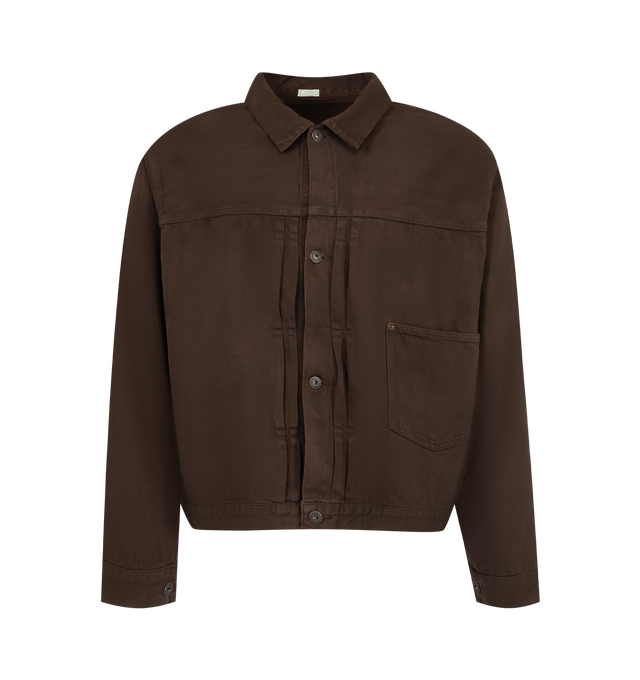 Image 1 of 2 - BROWN - A.Presse Men's 1st Type Denim Jacket is crafted from 13 oz denim and inspired by the iconic S213 Type 1 denim jacket. Finished with original tack buttons, the jacket undergoes multiple hand-applied processes to recreate the appearance of aged vintage denim, resulting in unique variations in texture, color, and distressing. Main Material: 100% Cotton. Fabric: 13 oz Denim. Hardware: Original Tack Buttons. 