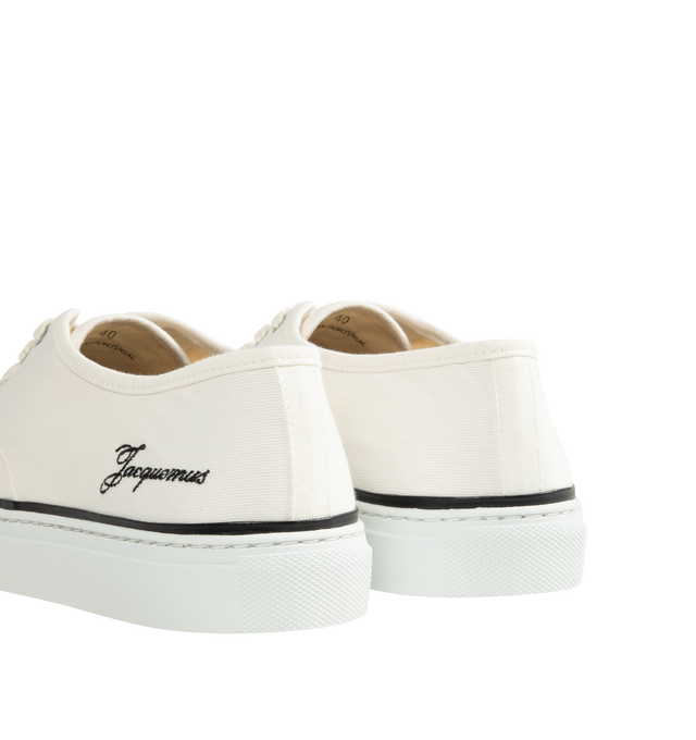 Image 3 of 5 - WHITE - JACQUEMUS The Ff Skate Sneakers featuring canvas upper, round toe, flat cotton laces, embroidered signature and monogram logos, rubber sole and canvas insole and lining. 100% cotton. Made in Portugal. 