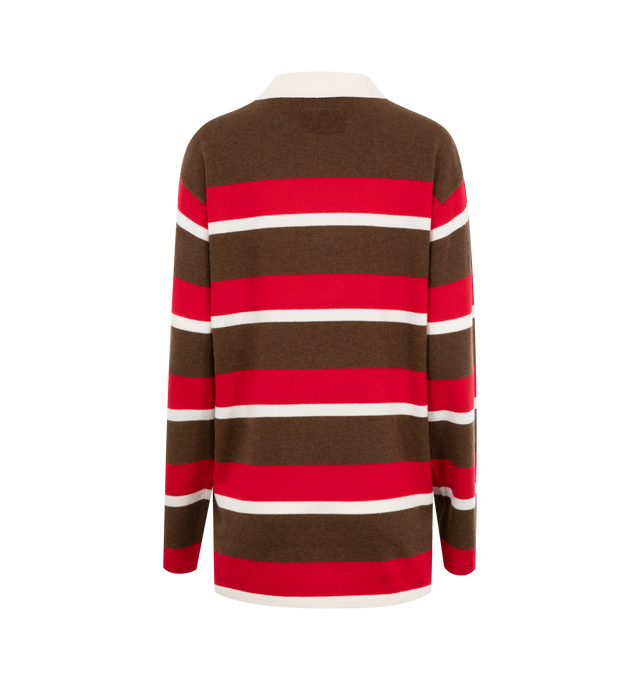 Image 2 of 2 - BROWN - Guest in Residence Rugby Sweater made from medium weight knit cashmere in two color jersey stripe. Unisex style in men's sizing, intended for a relaxed fit. Features shirt collar with hidden 3-button closure, jersey tubular finish at hem and cuffs, side slit at hem, with signature GIR branding at center back. 100% premium cashmere sourced from inner Mongolia, manufactured in China. 