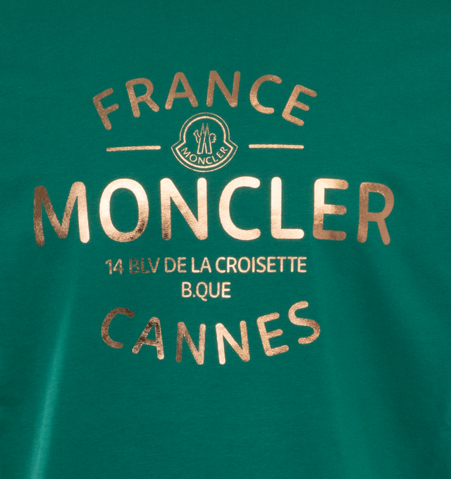 Image 2 of 2 - GREEN - MONCLER Metallic Logo T-Shirt featuring cotton jersey, crew neck, short sleeves and laminated print. 100% cotton. 