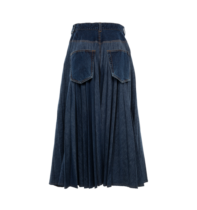 Image 2 of 3 - BLUE - SACAI Pleated Denim Skirt featuring high waist, side slip pockets, back patch pockets, adjustable belt, a-line silhouette and midi length. 100% cotton. Made in Japan. 