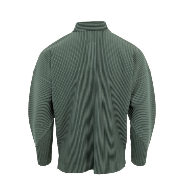 Image 2 of 5 - GREEN - Homme Plisse Issey Miyake solid polo shirt with allover pleating featuring spread collar, hidden two-button placket, long sleeves, relaxed fit, pullover style. Made in Japan. Polyester 100%. 