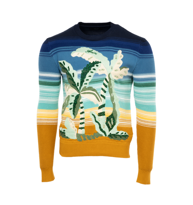 Image 1 of 3 - MULTI - AMIRI Embroidered Palm Tree Sweater featuring multicolor stripes throughout, palm tree embroidery, crewneck, long sleeves and straight hem. 