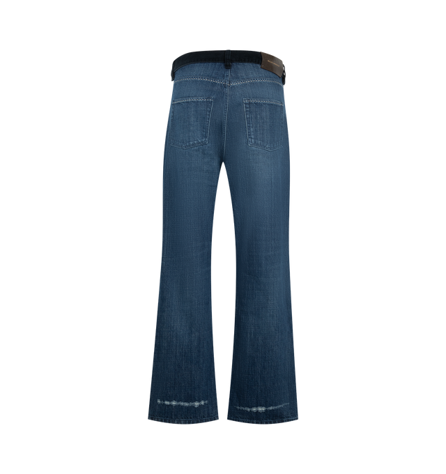 Image 2 of 3 - BLUE - Wales Bonner Men's Studio Jeans are crafted from pure cotton denim and  contrasting corduroy waistband, contrast stitching, and subtle distressed detailing for a lived-in finish. Embroidered branding at the coin pocket and a leather logo patch at the back complete the heritage-inspired design. Main Material: 100% Cotton.  