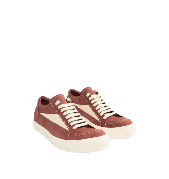 Image 2 of 5 - BROWN - Rick Owens DRKSHDW Vintage Sneaks Sneakers featuring low top, lace-up closure, calfskin suede appliqu at sides, twill lining and treaded rubber sole. Upper: textile, calfskin. Sole: rubber. Made in Italy. 