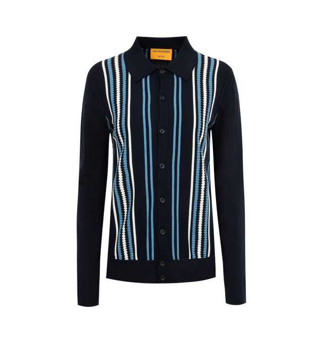 Image 1 of 2 - BLUE - GUEST IN RESIDENCE Stripe Plaza Shirt featuring front button closure, ribbed hem and cuffs, long sleeves and collar. 100% cotton. Made in China. 