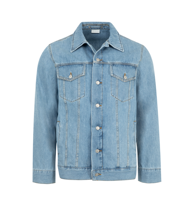 Image 1 of 2 - BLUE - DRIES VAN NOTEN Faded Denim Jacket featuring fading throughout, spread collar, button closure, flap and welt pockets, adjustable single-button barrel cuffs, logo-engraved silver-tone hardware and contrast stitching in tan. 100% cotton. 