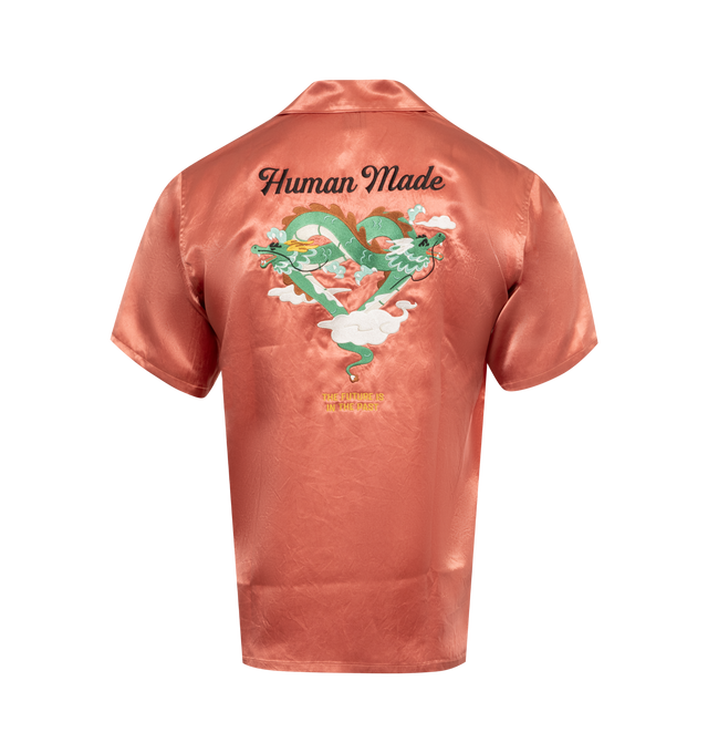 Image 2 of 2 - PINK - HUMAN MADE Yokosuka Shirt featuring short sleeves, classic collar, patch chest pocket with flap, embroidered logo on front and graphic artwork on back. Made in Japan. 