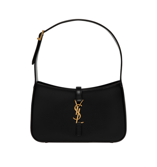 Image 1 of 3 - BLACK - SAINT LAURENT LE 5  7 leather shoulder bag featuring gold hardware, leather tab with THE CASSANDRE, and tonal suede lining. Compact and SPACIOUS, it features an interior zipped pocket and adjustable shoulder strap. Dimensions: 9 x 6.2 x 2.5 inches with 7.8 inch strap drop. Calfskin leather. Made in Italy. 
