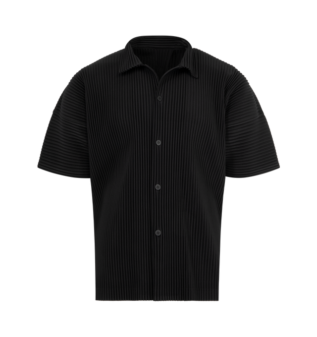Image 1 of 2 - BLACK - ISSEY MIYAKE Pleated Shirt featuring open spread collar, button closure, tennis-tail hem, dolman sleeves and inverted box pleat at back yoke. 100% polyester. Made in Japan. 