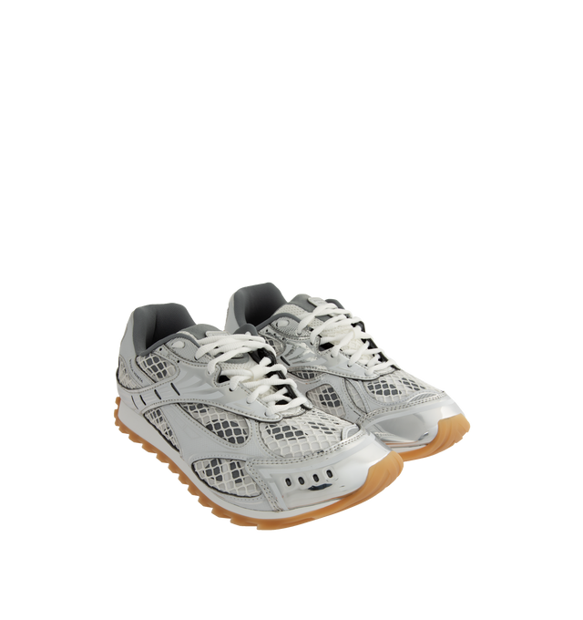 Image 2 of 5 - SILVER - BOTTEGA VENETA Sneakers featuring mechanical textile upper, rubber sole, lace-up front, padded collar and tongue with Bottega Venneta logo detail at tongue. Made in Italy. 