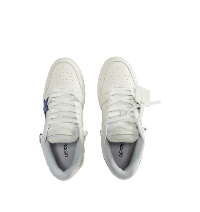 Image 5 of 5 - WHITE - Off-White Out of Office Animation Sneakers are a lace-up style with leather and polyester outers, a logo engraved shoelace tag, and rubber soles.   