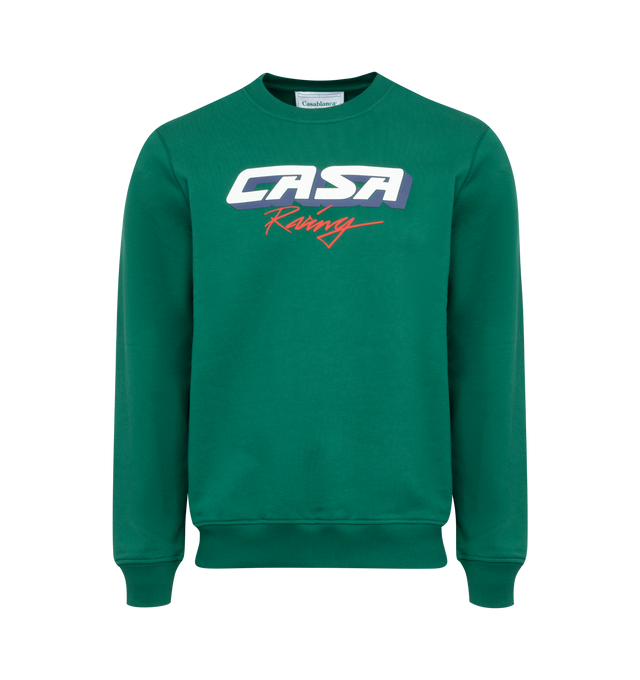 Image 1 of 2 - GREEN - CASABLANCA Casa Racing 3D Sweatshirt featuring french terry, rib knit crewneck, hem, and cuffs and logo graphic printed at chest. 100% organic cotton. Made in Portugal. 